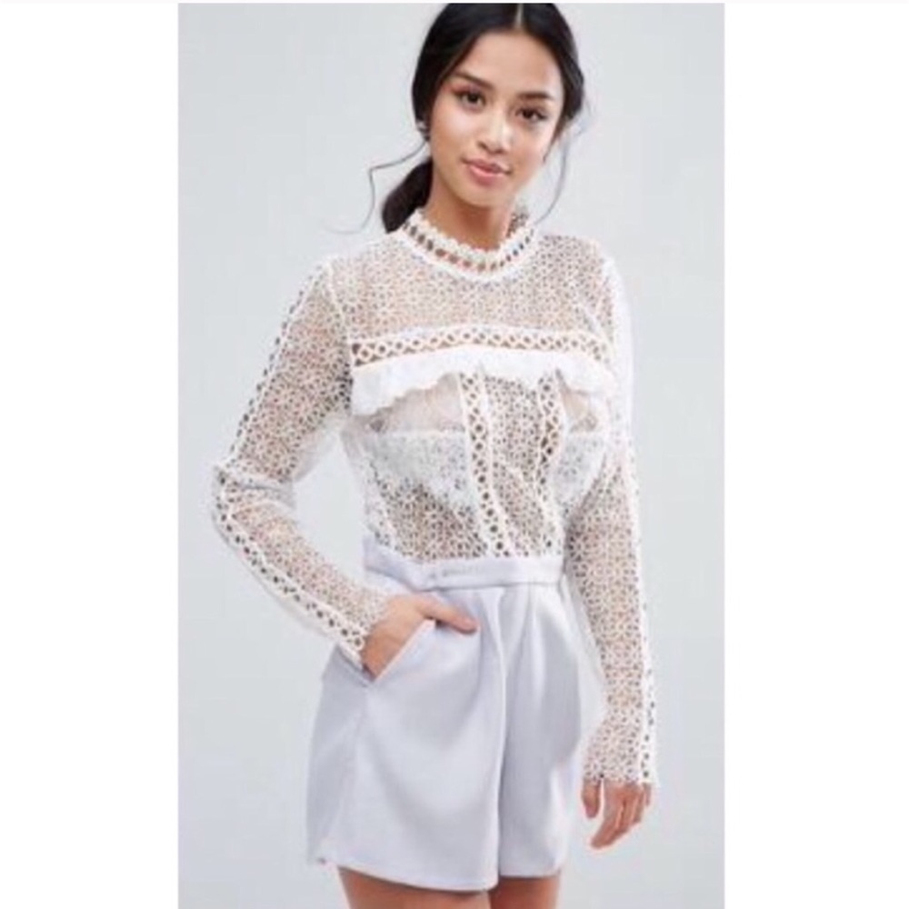 True Decadence Sheer Lace Top Open Back Romper - Picture 2 of 5